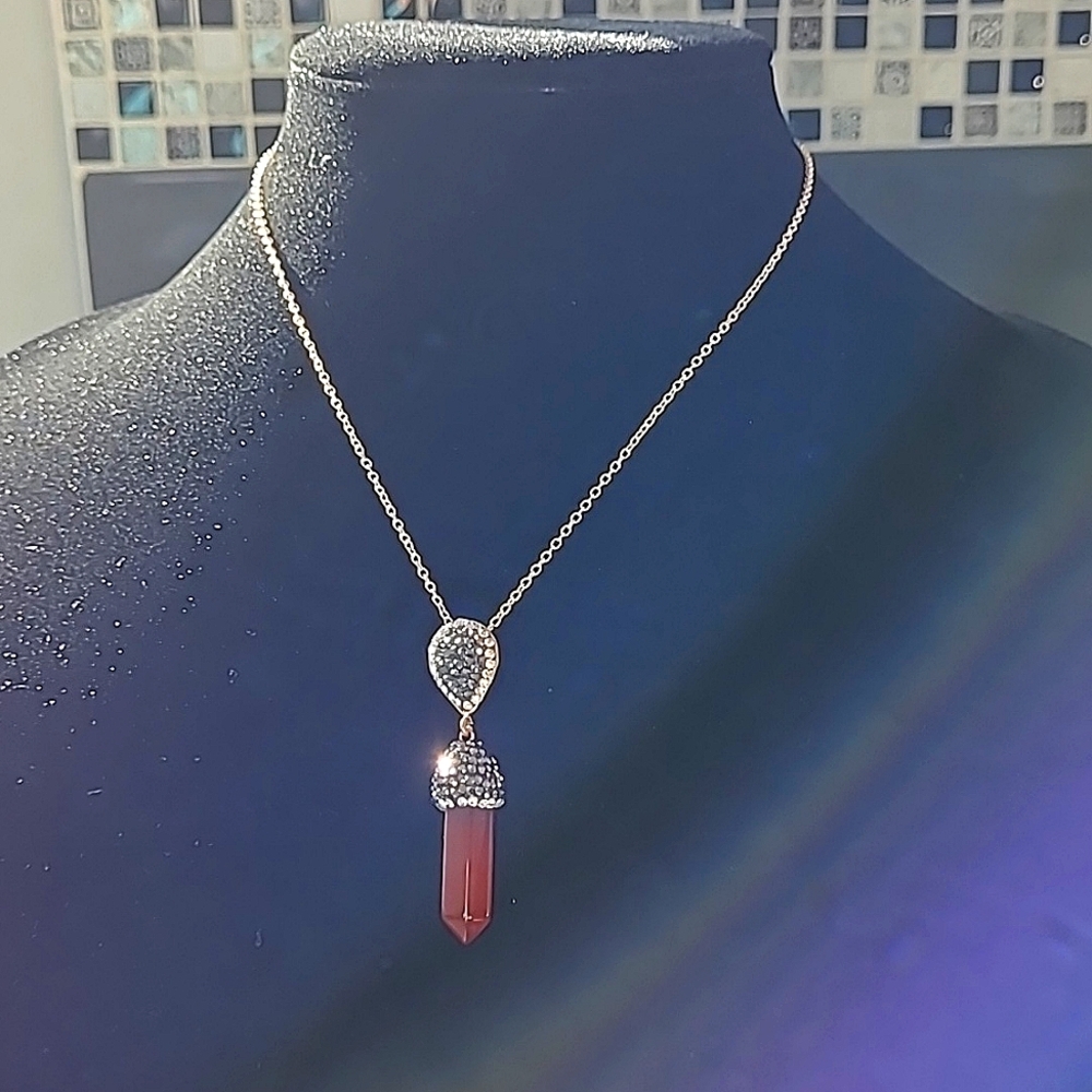 Genuine Carnelian Swarovski black & clear crystals necklace Healing Chakra